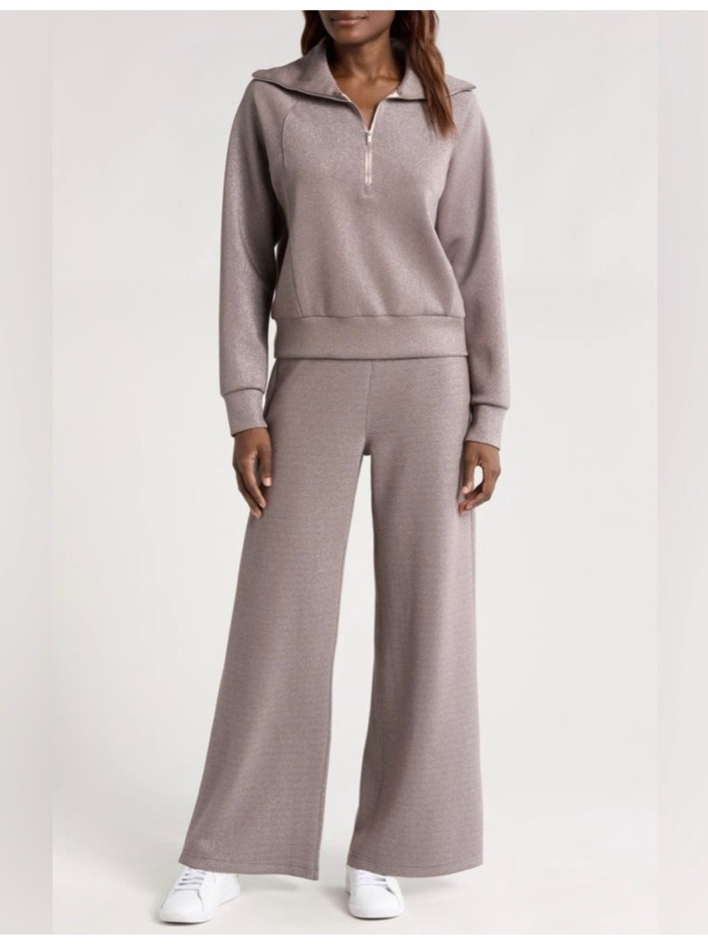 SPANX Set 1X Air Essentials 1/2 Zip Top Wide-Leg Pants Silver Smoke Shine NWT